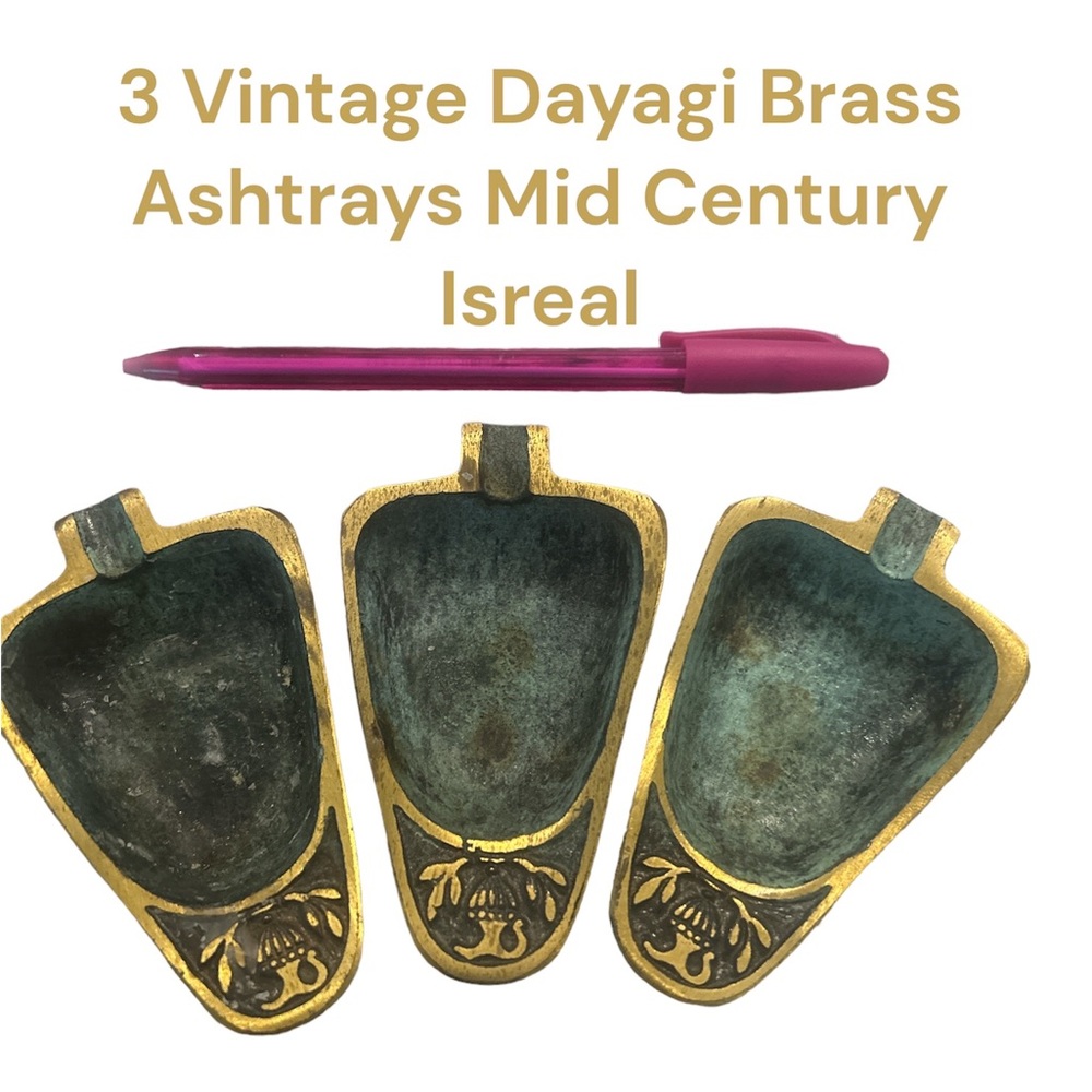 3 Vintage Ashtray Solid Brass Dayagi Israel Ornate Mid Century RARE Collectors